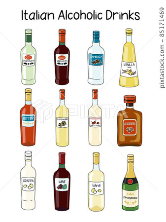 Collection set of classic Italian Alcoholic Drinks. Doodle cartoon hipster style vector A4 A3 poster size illustration isolated on white background. For party card, bar menu, alcohol cook book recipe 85171469