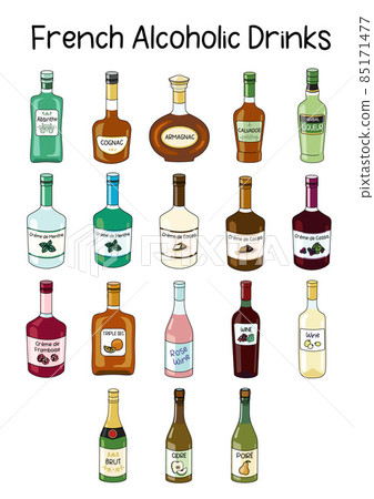 Collection set of classic French Alcoholic Drinks. Doodle cartoon hipster style vector A4 A3 poster size illustration isolated on white background. For party card, bar menu, alcohol cook book recipe 85171477