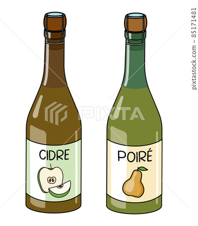 A couple of French cider bottles. Alcoholic beverage made of apple and pear. Doodle cartoon hipster style vector illustration isolated on white background. For party card, alcohol cook book recipe 85171481