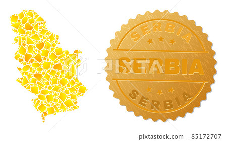 Serbia Map Collage of Golden Items and Metal Serbia Badge Serbia Map Collage of Golden Items and Metal Serbia Badge 85172707