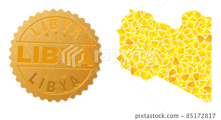 Libya Map Collage of Golden Elements and Metal Libya Badge Libya Map Collage of Golden Elements and Metal Libya Badge 85172817