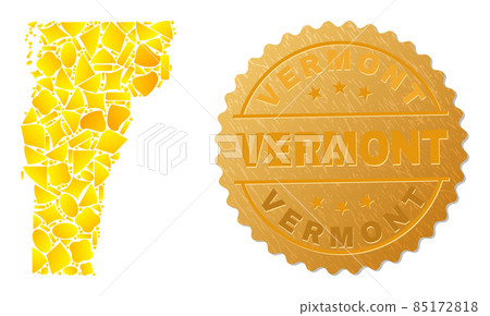 Vermont State Map Collage of Gold Fractions and Metal Vermont Badge Vermont State Map Collage of Gold Fractions and Metal Vermont Badge 85172818