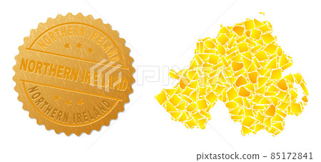 Northern Ireland Map Mosaic of Gold Fractions and Metallic Northern Ireland Badge 85172841