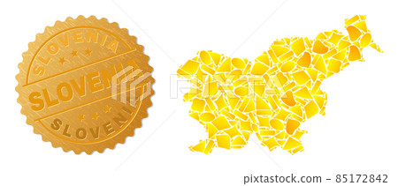 Slovenia Map Collage of Golden Particles and Metallic Slovenia Badge Slovenia Map Collage of Golden Particles and Metallic Slovenia Badge 85172842