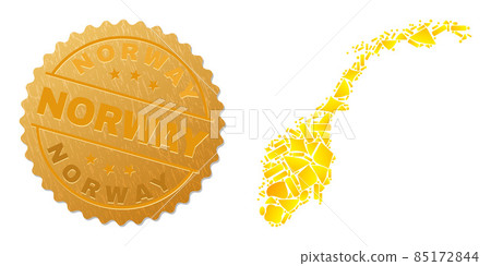Norway Map Collage of Golden Items and Metallic Norway Seal 85172844