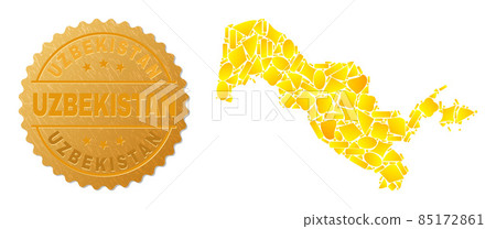 Uzbekistan Map Collage of Gold Items and Metallic Uzbekistan Badge 85172861