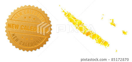 New Caledonia Islands Map Mosaic of Golden Particles and Metallic New Caledonia Seal 85172870