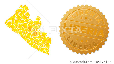 Liberia Map Collage of Gold Elements and Metallic Liberia Seal Stamp 85173182