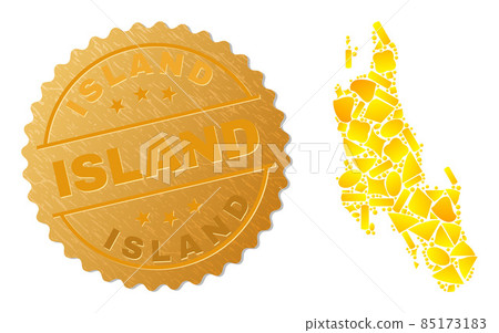 Zanzibar Island Map Mosaic of Gold Elements and Metal Island Seal Stamp 85173183
