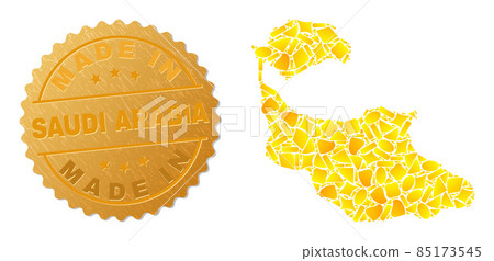 Tiran Island Map Collage of Golden Spots and Metallic Made in Saudi Arabia Badge Tiran Island Map Collage of Golden Spots and Metallic Made in Saudi Arabia Badge 85173545