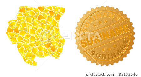 Suriname Map Mosaic of Golden Parts and Textured Suriname Seal Suriname Map Mosaic of Golden Parts and Textured Suriname Seal 85173546