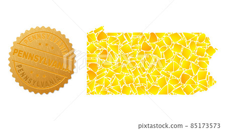 Pennsylvania State Map Collage of Golden Elements and Textured Pennsylvania Stamp Pennsylvania State Map Collage of Golden Elements and Textured Pennsylvania Stamp 85173573