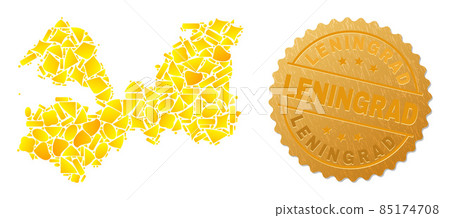 Leningrad Region Map Collage of Golden and Textured Leningrad Seal Stamp 85174708