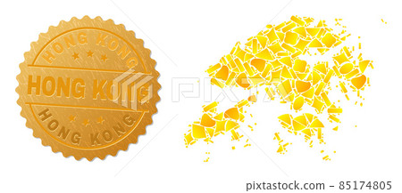 Hong Kong Map Collage of Gold Items and Metallic Hong Kong Badge 85174805