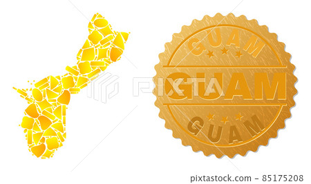 Guam Island Map Mosaic of Golden Spots and Metallic Guam Seal Stamp Guam Island Map Mosaic of Golden Spots and Metallic Guam Seal Stamp 85175208