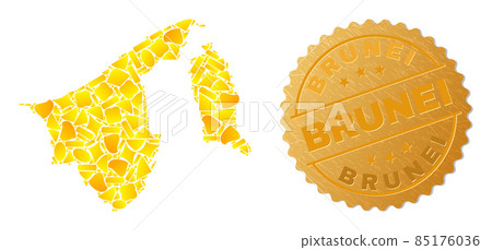 Brunei Map Mosaic of Golden Parts and Metallic Brunei Badge Brunei Map Mosaic of Golden Parts and Metallic Brunei Badge 85176036