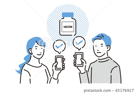 男人和女人準備用智能手機證明疫苗接種 男人和女人準備用智能手機證明疫苗接種 85176927