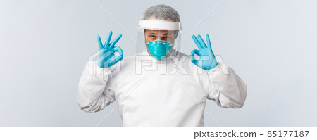 Covid-19, preventing virus, healthcare workers and vaccination concept. Doctor keep situation under control, wear personal protective equipment and show okay gesture, guarantee safety of patients 85177187