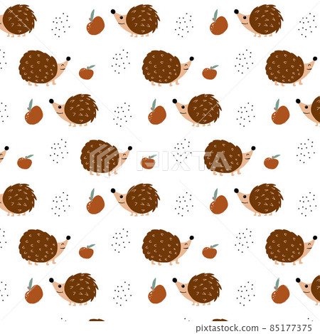Vector seamless pattern with hedgehogs and apples. Childish cute pattern with hedgehogs. Vector seamless pattern with hedgehogs and apples. Childish cute pattern with hedgehogs. 85177375