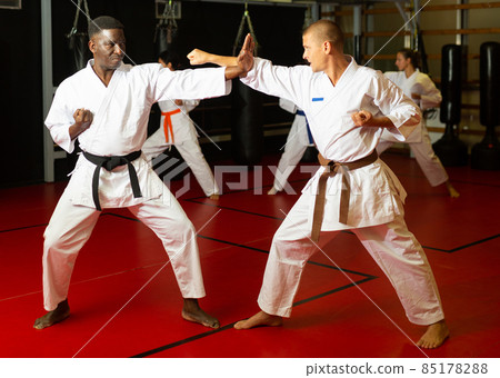 Men sparring during karate training 85178288
