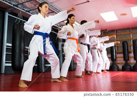 Polyethnic men and women in kimono exercising kata 85178330