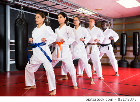 Adults in kimono trying new martial moves at karate class in gym Adults in kimono trying new martial moves at karate class in gym 85178375