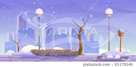 Winter city park with wooden bench, urban garden 85179546