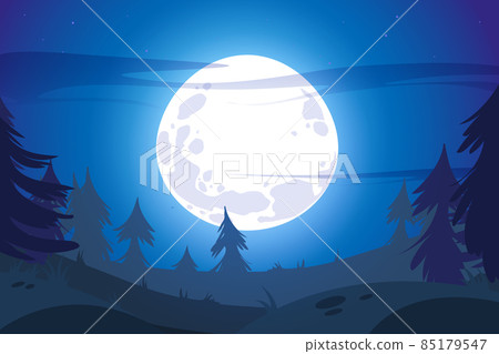 Full moon in night sky and dark forest landscape - Stock Illustration ...