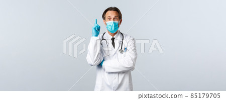 Covid-19, preventing virus, healthcare workers and vaccination concept. Excited male doctor in medical mask and gloves have solution, suggestion about coronavirus patients, raise finger 85179705