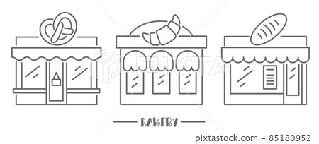 Bakery shop icons. Patisserie front with signboard. Pastry store. Facade of market. Outline vector set. Bakery shop icons. Patisserie front with signboard. Pastry store. Facade of market. Outline vector set. 85180952