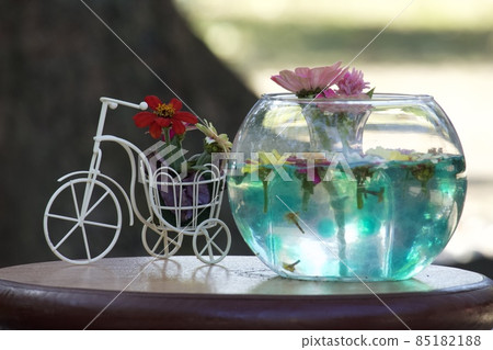 漂浮在自行車和水族館上的鮮花 85182188