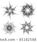 Set of four black snowflakes on a white background. Abstract computer generated fractal image of a snowflake. Illustration, isolate. Use as a stamp or brush 85182588