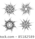 Set of four black snowflakes on a white background. Abstract computer generated fractal image of a snowflake. Illustration, isolate. Use as a stamp or brush 85182589