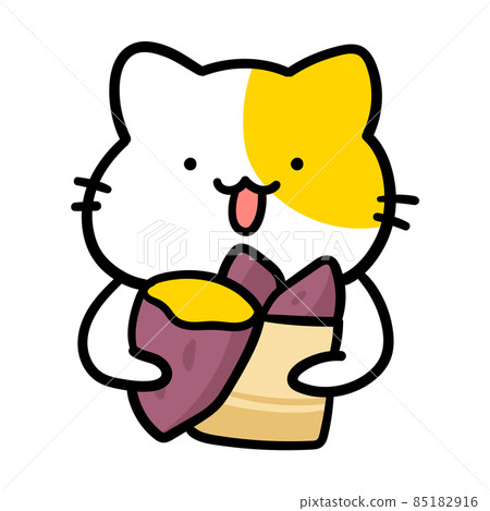一個可愛的貓角色吃烤紅薯的手寫風格插圖 85182916