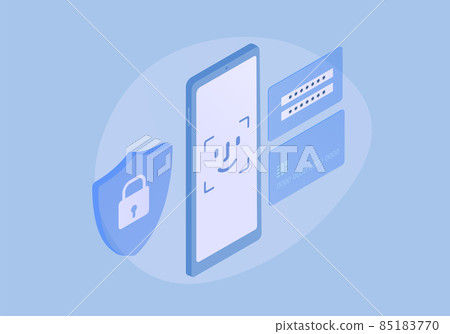 Mobile banking on smartphone isometric illustration. Online internet secure shopping concept. Secure payment by bank credit card using a mobile phone. 85183770