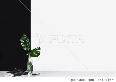 Green leaves in a glass bottle with water next to a notepad, glasses and magnifier on tabletop against black and white background. Copy space Green leaves in a glass bottle with water next to a notepad, glasses and magnifier on tabletop against black and white background. Copy space 85184167