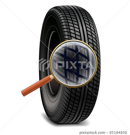 Vector Car Tire with Magnifying Glass 85184830