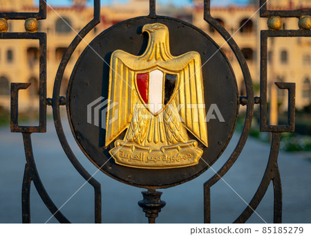 Logo, a Golden Eagle of Saladin holding a scroll with Arabic text (Arab Republic of Egypt) and a shield with the flag's colors Logo, a Golden Eagle of Saladin holding a scroll with Arabic text (Arab Republic of Egypt) and a shield with the flag's colors 85185279