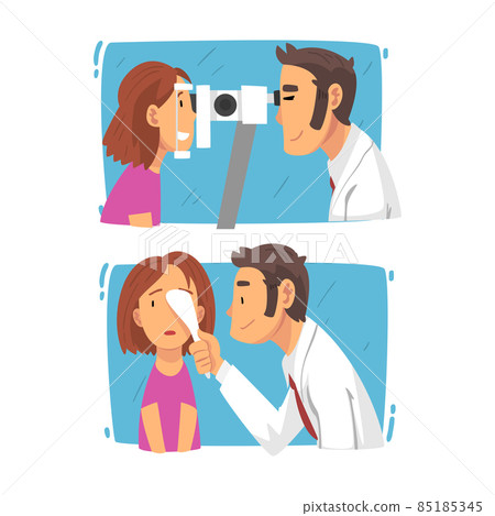 Ophthalmology Diagnostics with Teen Girl Having Eyesight and Vision Checkup and Correction Vector Set Ophthalmology Diagnostics with Teen Girl Having Eyesight and Vision Checkup and Correction Vector Set 85185345