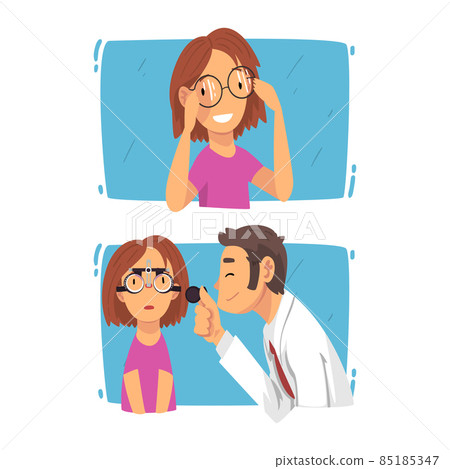 Ophthalmology Diagnostics with Teen Girl Having Eyesight and Vision Checkup and Correction Vector Set 85185347