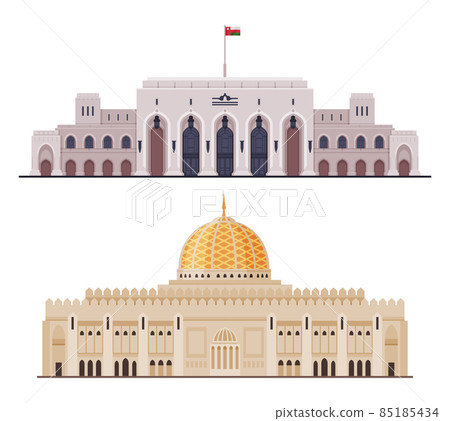 Oman Muscat City Historical Building and Landmarks with Dome and Flag Vector Set 85185434