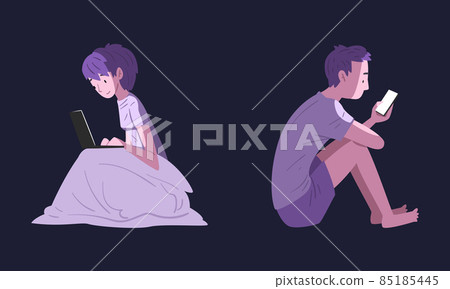People Character Using Digital Gadget at Night Sitting on Bed Under Blanket Vector Set 85185445