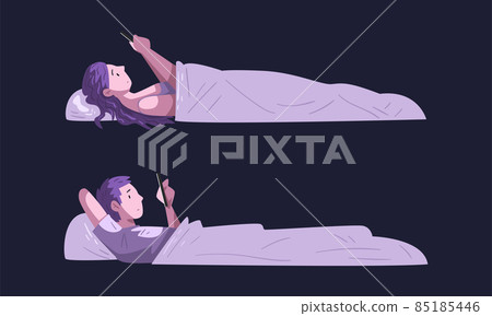 People Character Using Digital Gadgets at Night Lying on Bed Under Blanket Vector Set 85185446