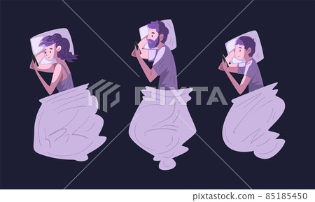 People Character Using Digital Gadgets at Night Lying on Bed Under Blanket Vector Set People Character Using Digital Gadgets at Night Lying on Bed Under Blanket Vector Set 85185450