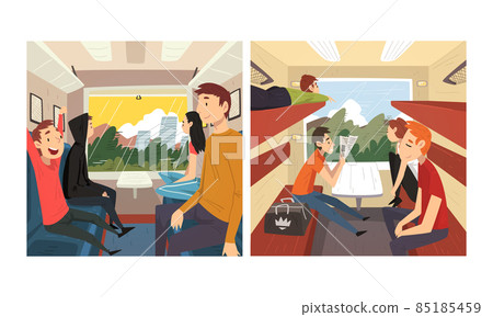 Young Smiling Man and Woman Travelling by Train Sitting in Passenger Car and Looking Out Window Vector Set Young Smiling Man and Woman Travelling by Train Sitting in Passenger Car and Looking Out Window Vector Set 85185459