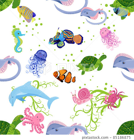 Marine life, fish, animals bright seamless pattern. sea travel, underwater diving animal tropical fish. Jellyfish, whale, shark, seahorse, clown fish, dolphin, turtle emperor fish octopus stingray 85186875