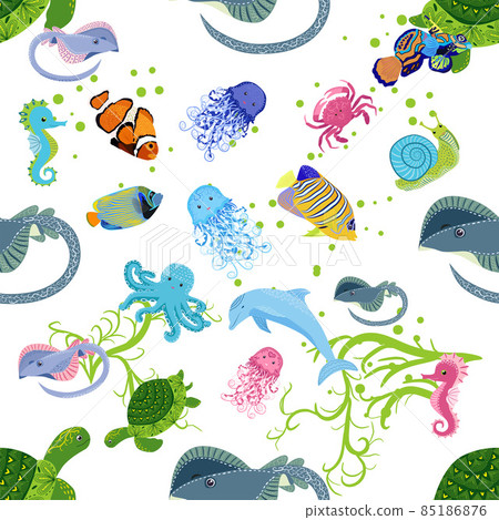 Marine life, fish, animals bright seamless pattern. sea travel, underwater diving animal tropical fish. Jellyfish, whale, shark, seahorse, clown fish, dolphin, turtle emperor fish octopus stingray Marine life, fish, animals bright seamless pattern. sea travel, underwater diving animal tropical fish. Jellyfish, whale, shark, seahorse, clown fish, dolphin, turtle emperor fish octopus stingray 85186876
