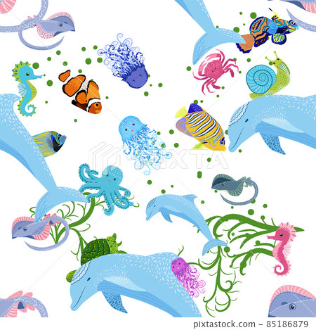 Marine life, fish, animals bright seamless pattern. sea travel, underwater diving animal tropical fish. Jellyfish, whale, shark, seahorse, clown fish, dolphin, turtle emperor fish octopus stingray Marine life, fish, animals bright seamless pattern. sea travel, underwater diving animal tropical fish. Jellyfish, whale, shark, seahorse, clown fish, dolphin, turtle emperor fish octopus stingray 85186879