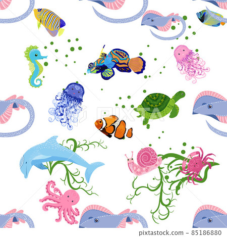 Marine life, fish, animals bright seamless pattern. sea travel, underwater diving animal tropical fish. Jellyfish, whale, shark, seahorse, clown fish, dolphin, turtle emperor fish octopus stingray Marine life, fish, animals bright seamless pattern. sea travel, underwater diving animal tropical fish. Jellyfish, whale, shark, seahorse, clown fish, dolphin, turtle emperor fish octopus stingray 85186880