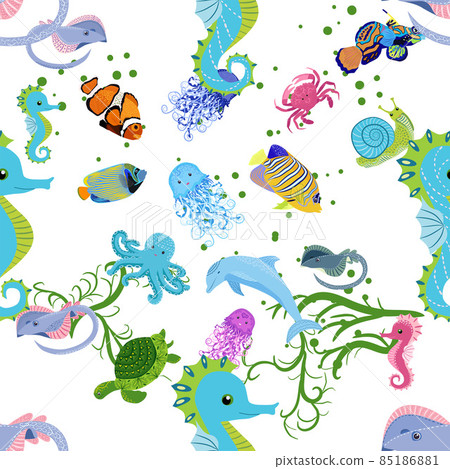 Marine life, fish, animals bright seamless pattern. sea travel, underwater diving animal tropical fish. Jellyfish, whale, shark, seahorse, clown fish, dolphin, turtle emperor fish octopus stingray Marine life, fish, animals bright seamless pattern. sea travel, underwater diving animal tropical fish. Jellyfish, whale, shark, seahorse, clown fish, dolphin, turtle emperor fish octopus stingray 85186881